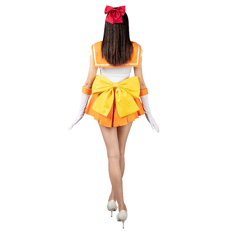 Sailor Venus Minako Aino cosplay skirt set balances a large yellow waist bow and red hair bow over white gloves.