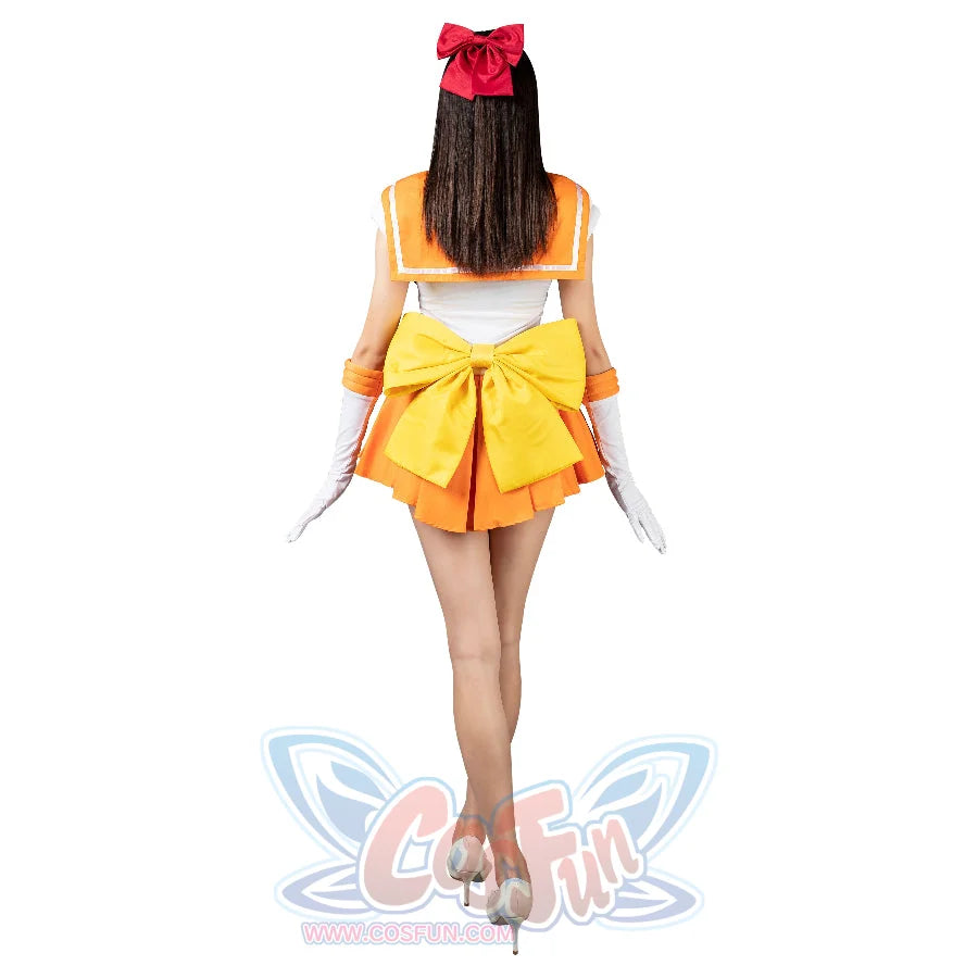 Sailor Venus Minako Aino cosplay skirt set balances a large yellow waist bow and red hair bow over white gloves.