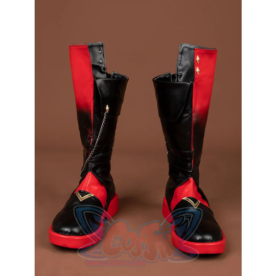 Genshin Impact Tartaglia Childe cosplay boots pair balancing tall black shafts against red soles and hanging chain details.