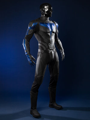 Nightwing cosplay costume - Side view with blue arm guards and chest details
