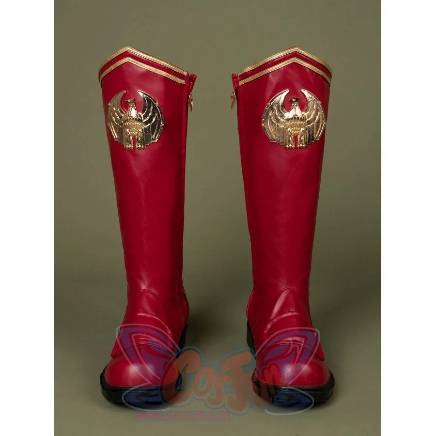 The Boys Season 4 Homelander cosplay boots balancing gold collar trim against embossed eagle ornaments.