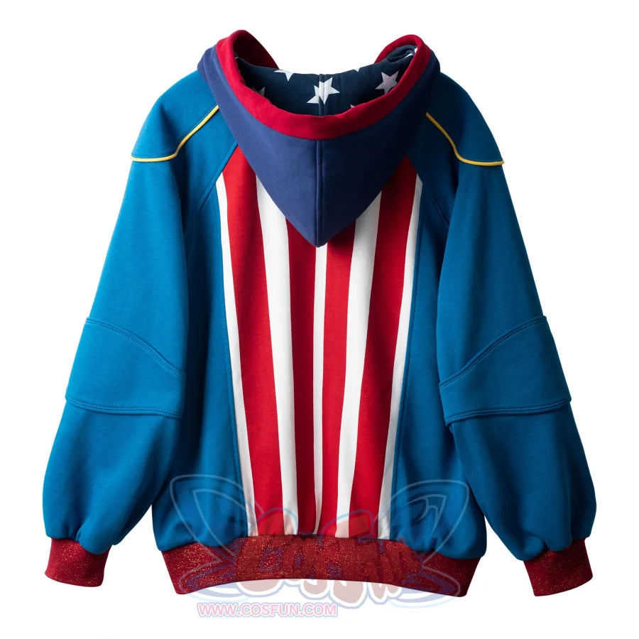 Flat lay back view of blue Homelander cosplay jacket showing red and white striped design