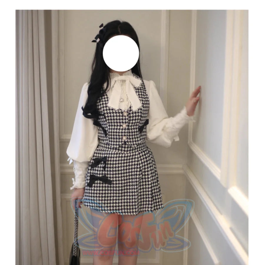Daily Elegant Winter Lolita Woolen Houndstooth Skirt Sets Houndstooth / S / Short Skirt