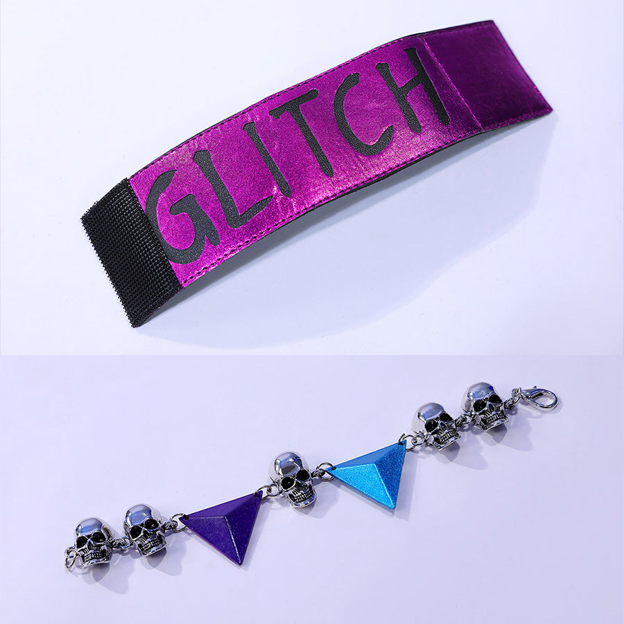 Guinevere punk costume cut-out letter wristband paired with gothic skull bracelet.