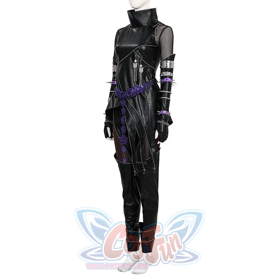 Side view of Mira cosplay costume killer black suit with black leather top, high collar, mesh panels, studded arm accessories, purple accents.