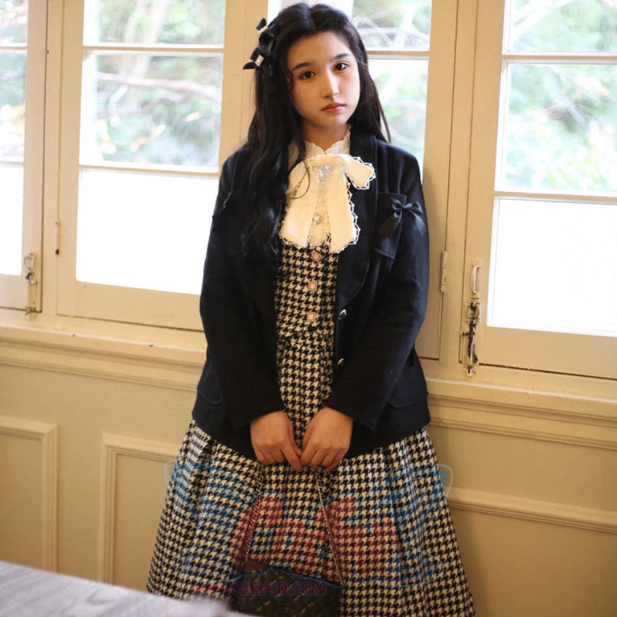Daily Elegant Winter Lolita Woolen Houndstooth Skirt Sets