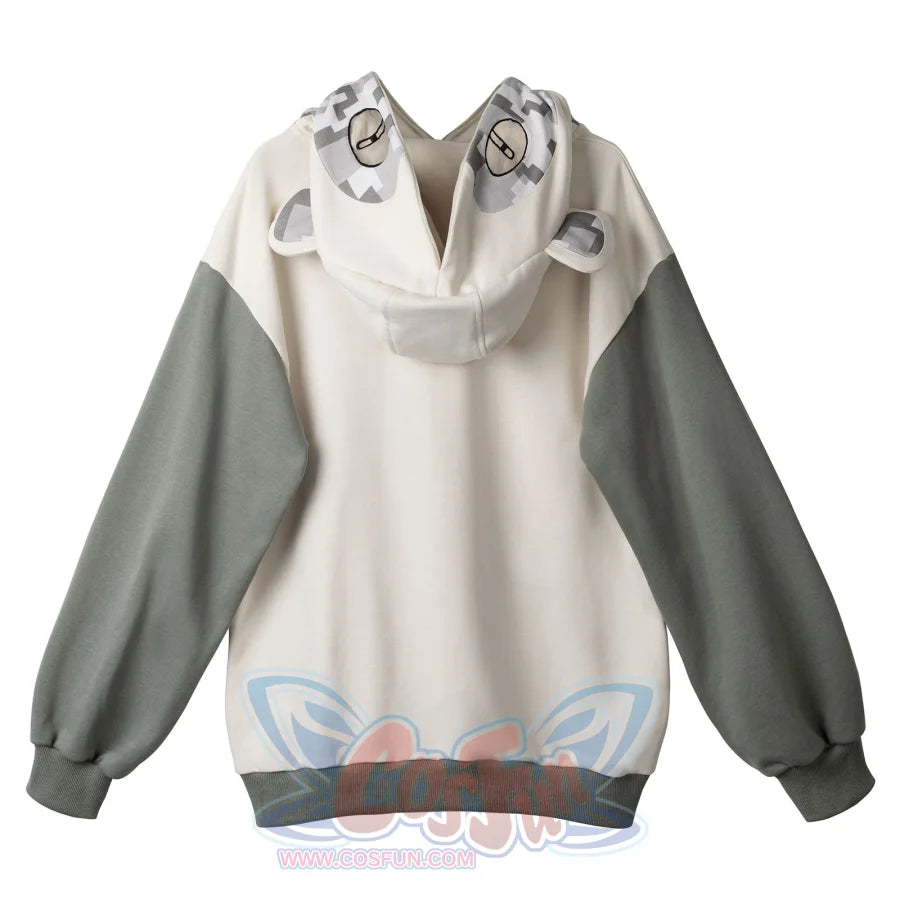 Back flat lay view of gorilla Full Zip Hoodie showing hood with cute ears, gray sleeves, and white body