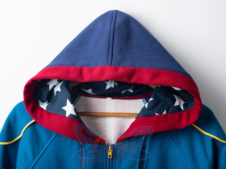Close-up detail of Homelander cosplay jacket hood showing star-patterned interior lining