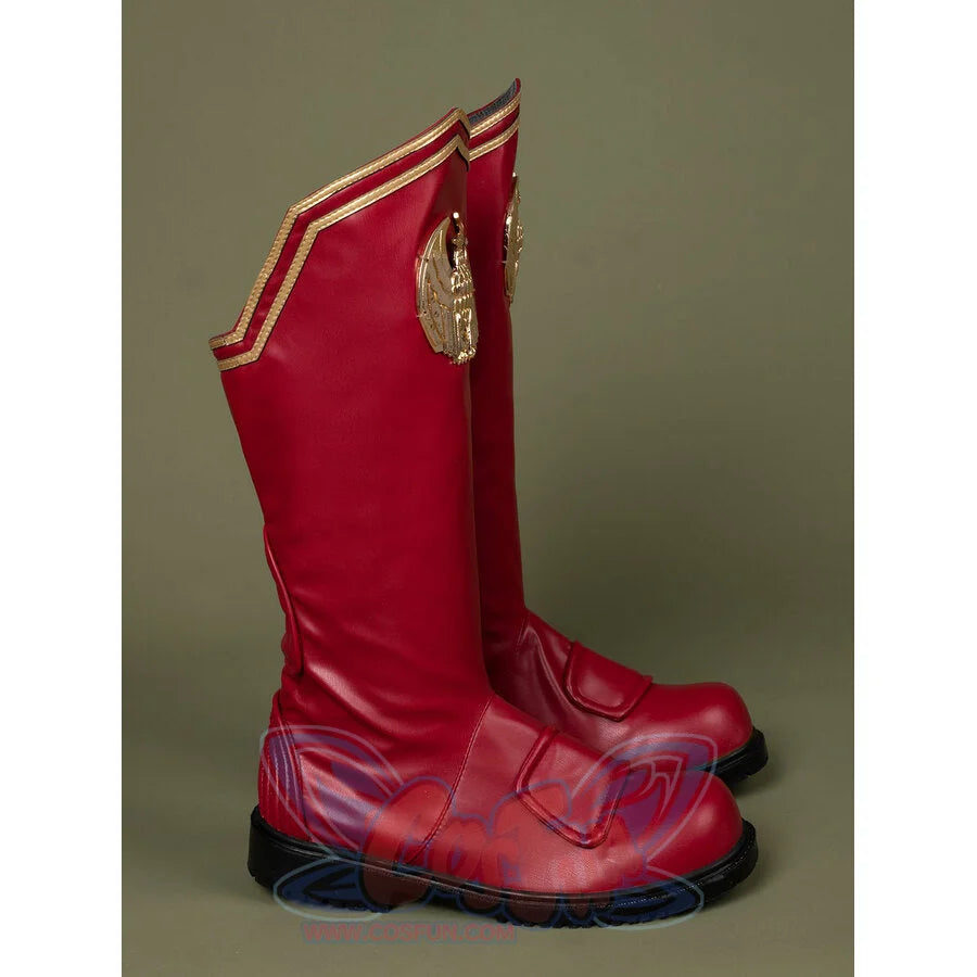 The Boys Season 4 Homelander cosplay boots centering a sculpted gold bird motif on angular red faux leather.