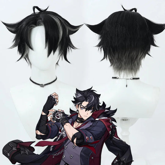 COSFUN Genshin Impact Wriothesley cosplay wig layers black two-tone fiber into a styled short cut.