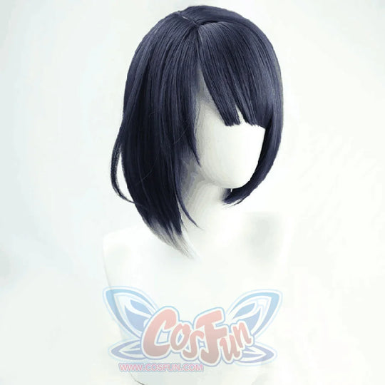 Genshin Impact Kujou Sara cosplay wig balances a navy bob cut with straight-cut bangs at shoulder length.