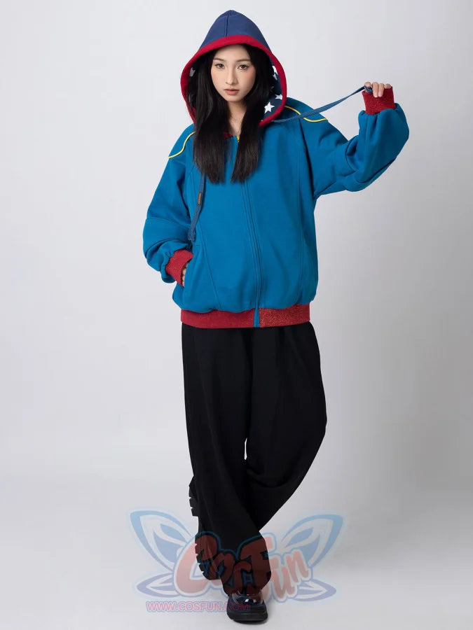 Woman wearing Homelander cosplay jacket with hood up, full-body front view pose