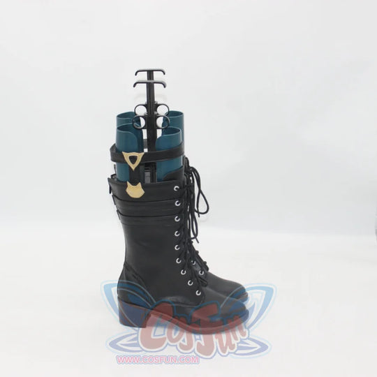 Genshin Impact Lynette cosplay knee-high boots layering side straps and gold triangular ornaments over teal accents.
