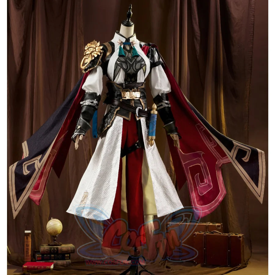 Honkai: Star Rail Jing Yuan cosplay outfit centers gold lion ornament on scroll-anchored belt.