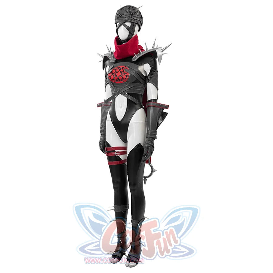 Invisible Woman Malice Cosplay costume&#39;s side with black, silver accessories, and red design on a white background.