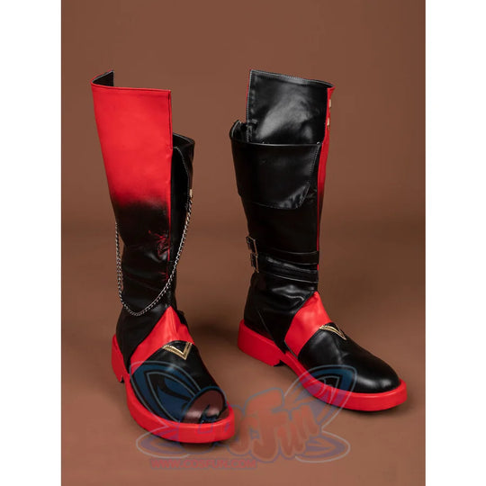 Genshin Impact Tartaglia Childe cosplay boots in split red and black design layering multiple buckles over a cuff top.