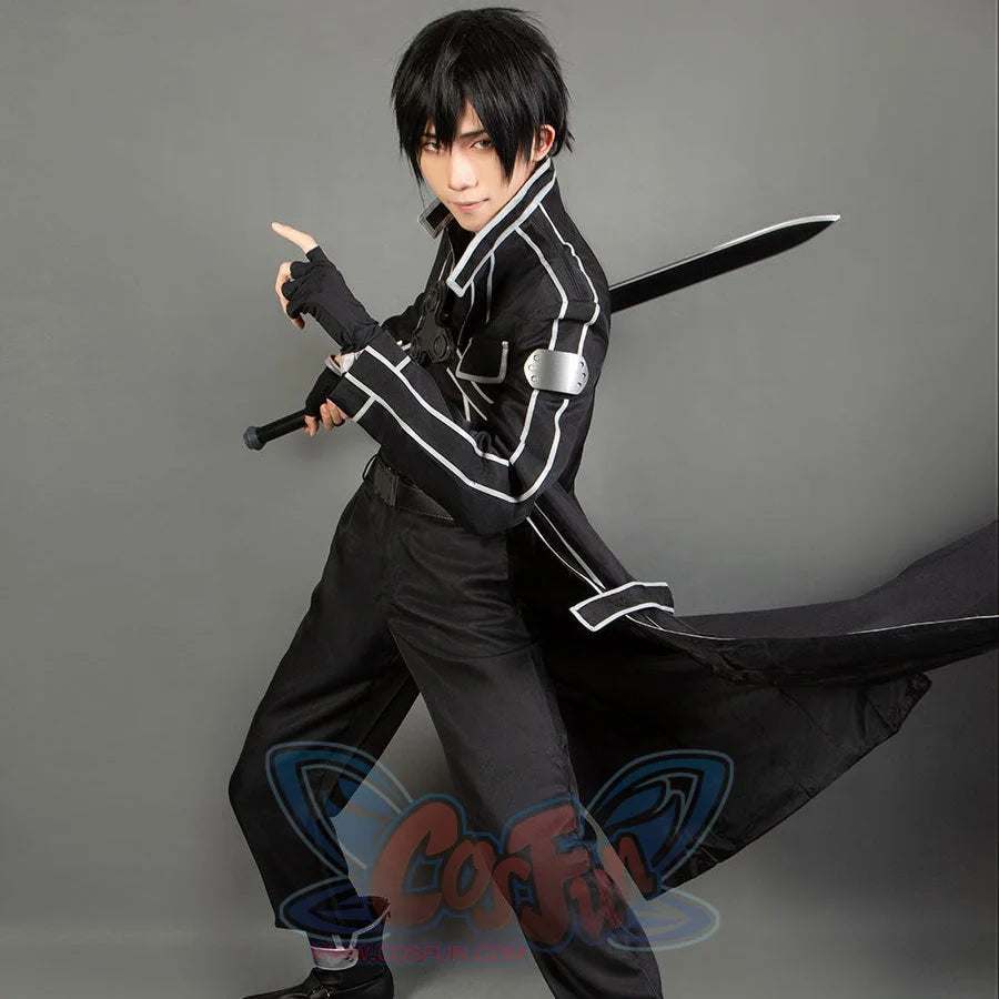 Kirito cosplay coat sets black trench and silver trim against matching pants and a square-buckle belt.