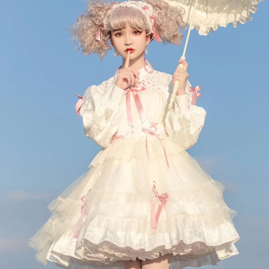 Autumn Multi-layer Lolita Long Sleeve Dress S22813 White and Pink / S