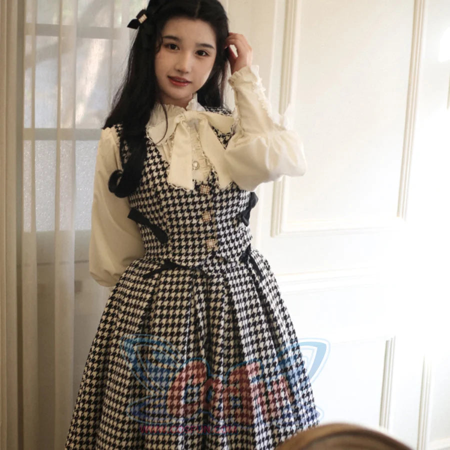 Daily Elegant Winter Lolita Woolen Houndstooth Skirt Sets