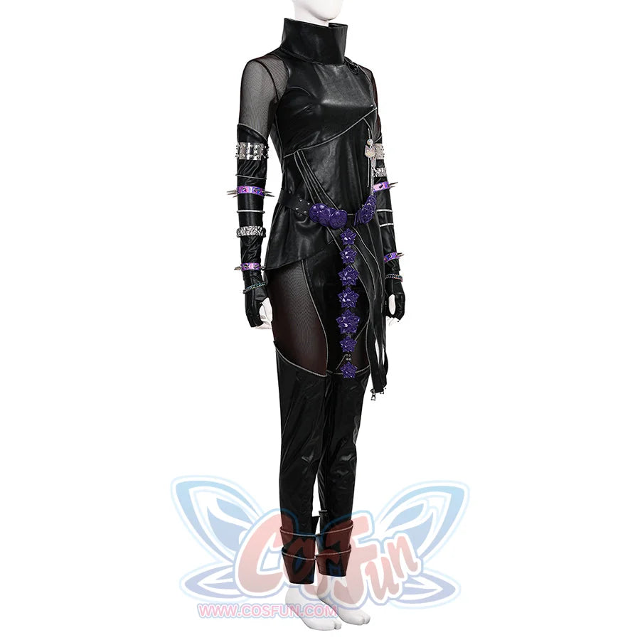 Side view of Mira cosplay costume killer black suit with black leather top, high collar, mesh panels, studded arm accessories, purple accents.