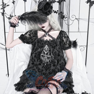 Gothic Dark Embroidered Top Tie Lace Short Sleeve Blouse