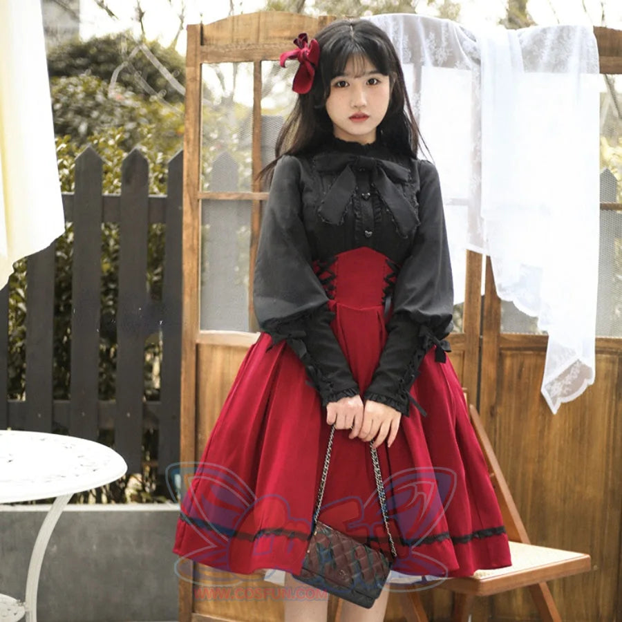 Daily Elegant Winter Lolita Woolen Houndstooth Skirt Sets Red / S / Long Skirt