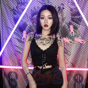 Spring Summer Black Lace Short Girl Lace Braces Lace Up Overbodice - cosfun