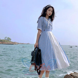 Summer Color Blocking Stripe Short-sleeved Dress - cosfun