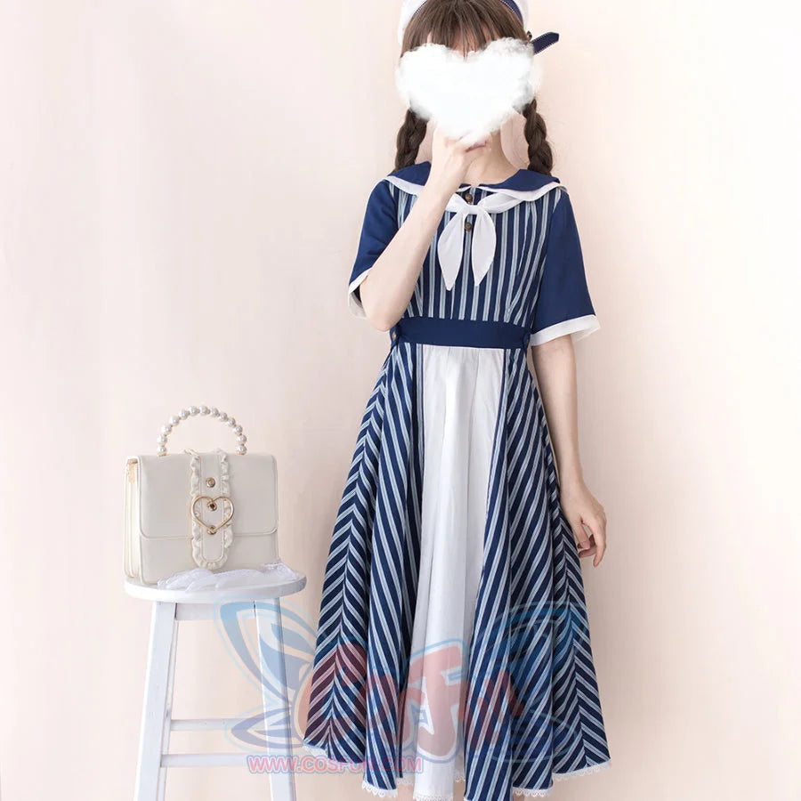 Summer Color Blocking Stripe Short-sleeved Dress - cosfun