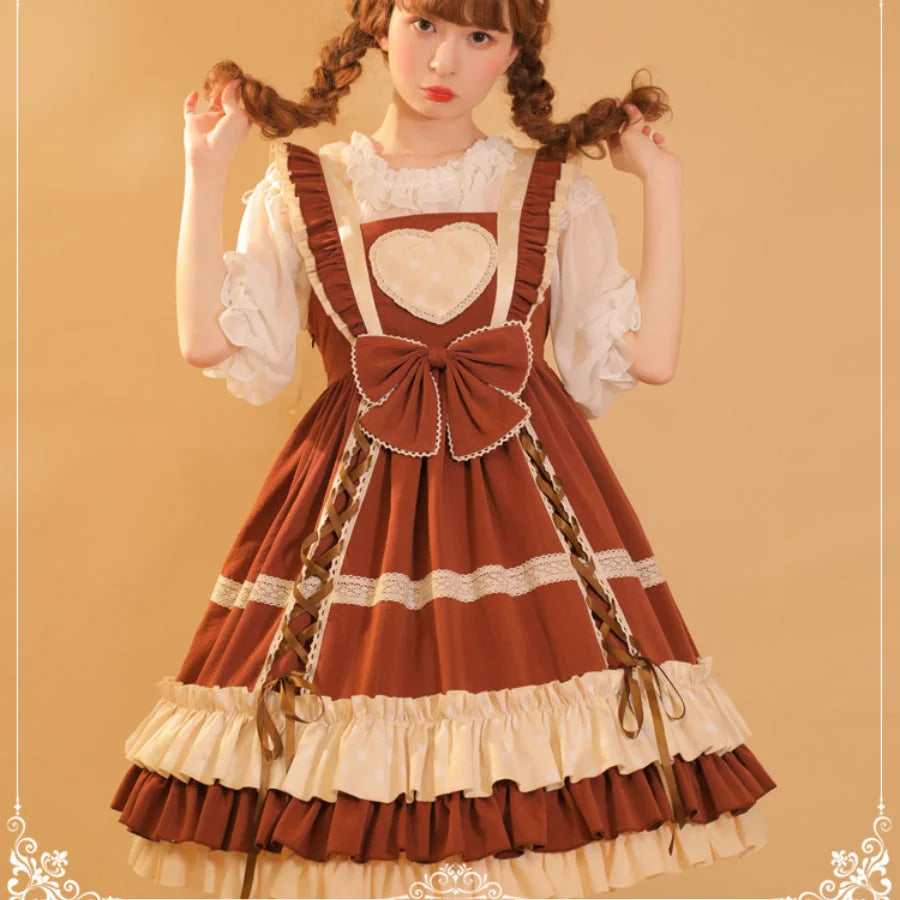 Sweet and Lovely Dot Lolita Jumper Skirt Brown / S