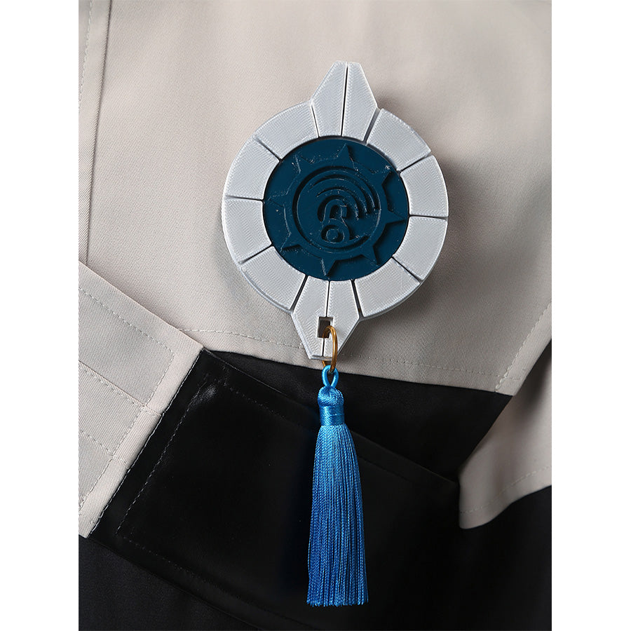 Zanka cosplay costume chest pendant detail with blue tassel and metallic emblem design