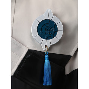 Zanka cosplay costume chest pendant detail with blue tassel and metallic emblem design