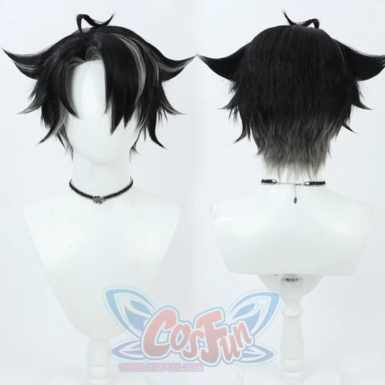 Genshin Impact Wriothesley cosplay wig pairs spiky black strands and white-highlighted tufts anchored by a silver floral.