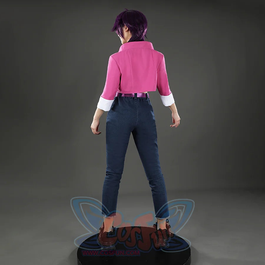 Fantastic Four Invisible Woman Susan Storm cosplay costume back view pairs pink jacket and white cuffs with dark frayed.