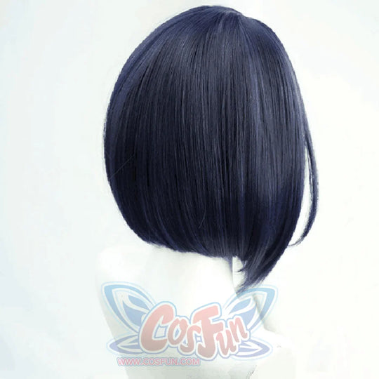 Genshin Impact Kujou Sara cosplay wig sets a deep navy blue short-styled cut with a sleek finish.