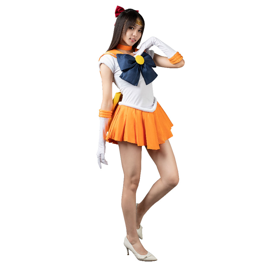 Sailor Venus Minako Aino cosplay costume layers a white bodysuit and orange skirt anchored by a gold tiara.