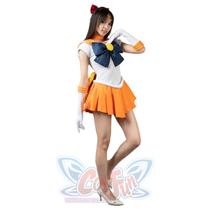 Sailor Venus Minako Aino cosplay costume layers a white bodysuit and orange skirt anchored by a gold tiara.