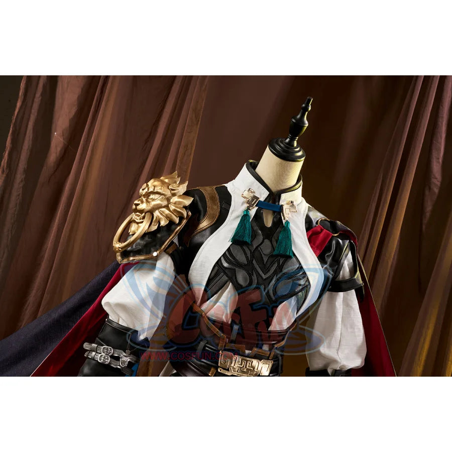 Honkai: Star Rail Jing Yuan cosplay set balances golden lion pauldrons over layered dark jacket.