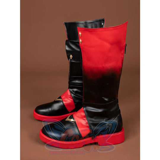 Genshin Impact Tartaglia Childe cosplay knee-high boots tracing a red and black gradient anchored by gold studs and thick.