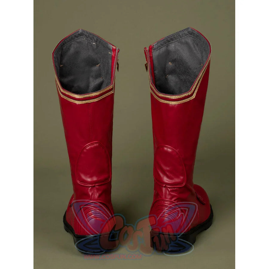 The Boys Season 4 Homelander cosplay boots tracing gold collar trim across unique red panel detailing.