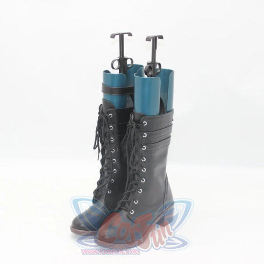 Genshin Impact Lynette cosplay combat boots balancing front lacing and buckles against teal contrasting toe caps.
