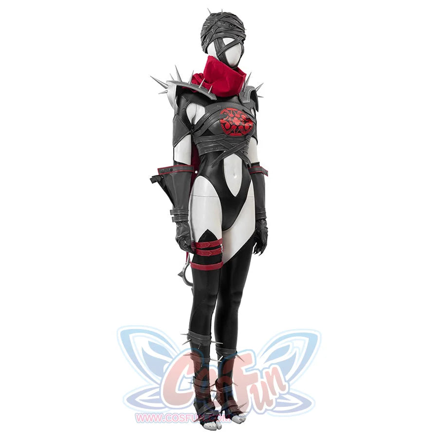 Invisible Woman Malice Cosplay costume&#39;s side with black, silver accessories, and red design on a white background.