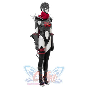 Invisible Woman Malice Cosplay costume's side with black, silver accessories, and red design on a white background.