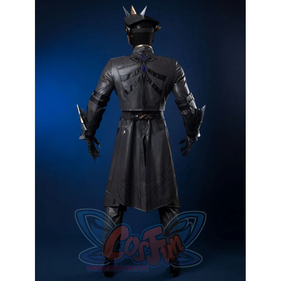 Genshin Impact Il Capitano cosplay full set rear view layers dark leather trench coat over armored gauntlets and crested.