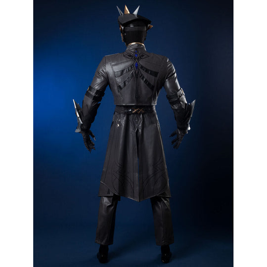 Genshin Impact Il Capitano cosplay full set rear view layers dark leather trench coat over armored gauntlets and crested.