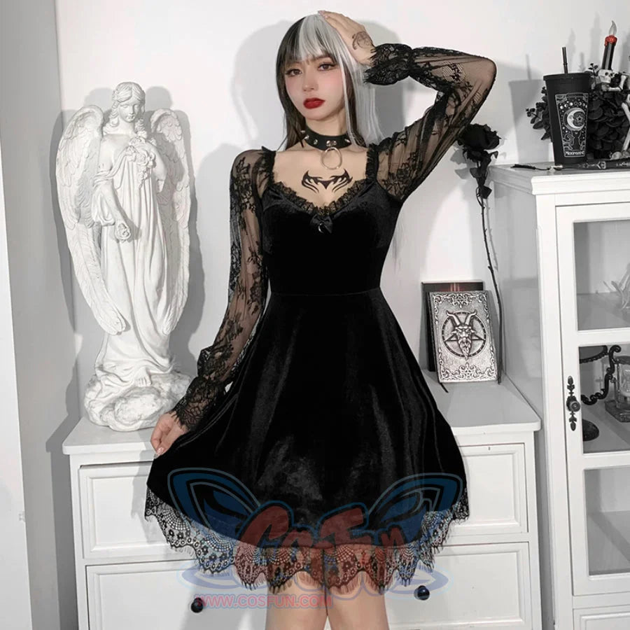Sexy Velvet High Waist Lace Long Sleeve Princess Short Dress S22905 Black / S