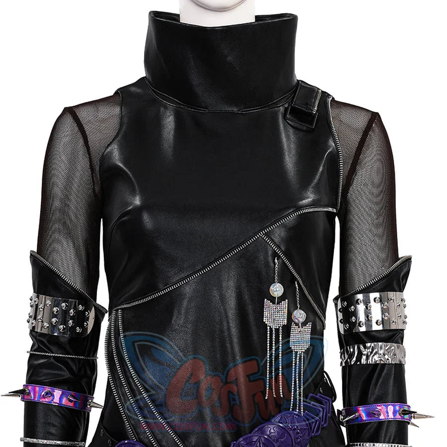 Close-up of Mira cosplay black pleather suit showing high collar, mesh panels, purple floral belt and matching arm accessories for anime cosplay.