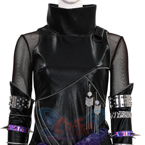 Close-up of Mira cosplay black pleather suit showing high collar, mesh panels, purple floral belt and matching arm accessories for anime cosplay.
