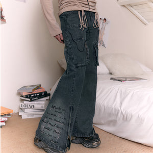 Vintage Washed Printed Low Waist Denim Pants