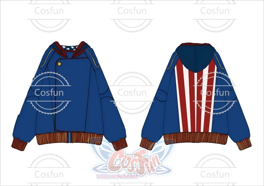 Design illustration of Homelander cosplay jacket showing front and back construction details